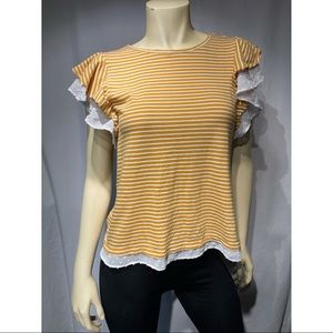Maison Jules Mustard Striped Top W/Short Lacy Ruffle Sleeves- Medium